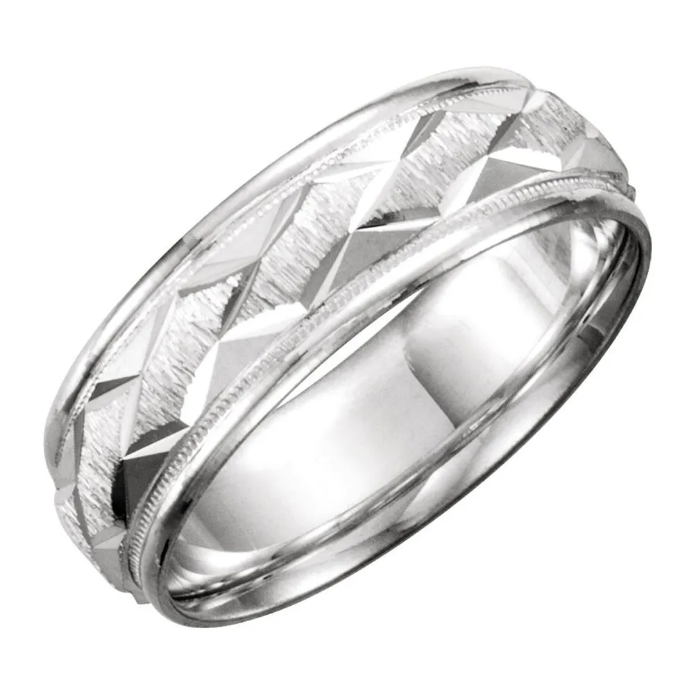 7mm 14K White Gold Carved Design Comfort Fit Band