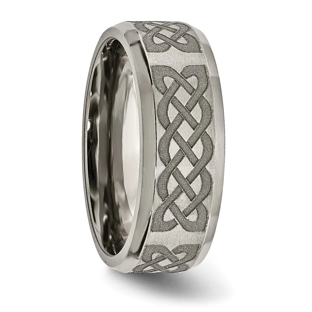 8mm Titanium Celtic Laser Etched Design Beveled Standard Fit Band