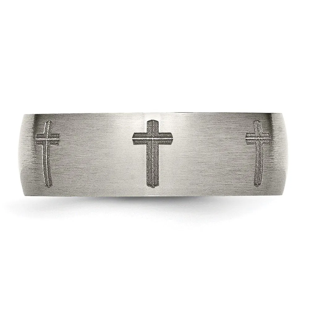 8mm Titanium Etched & Brushed Cross Domed Standard Fit Band