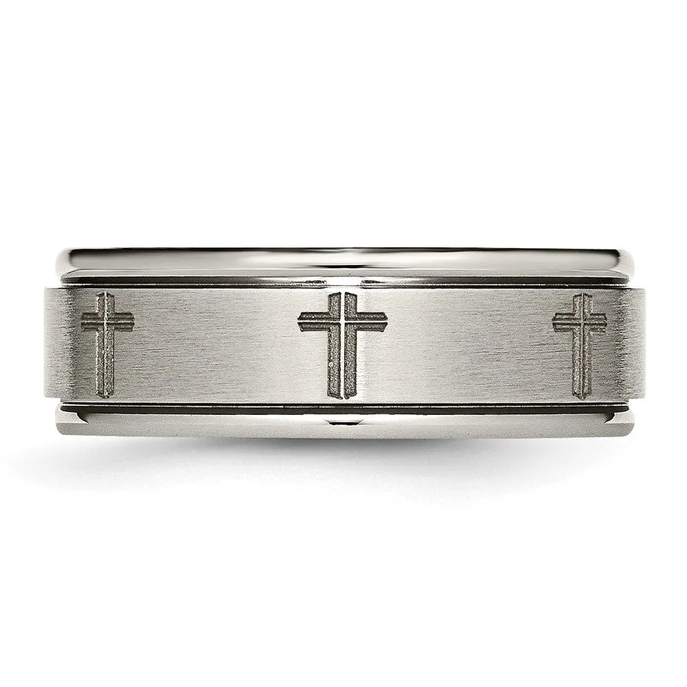 8mm Titanium Laser Etched Cross Grooved Edge Standard Fit Band