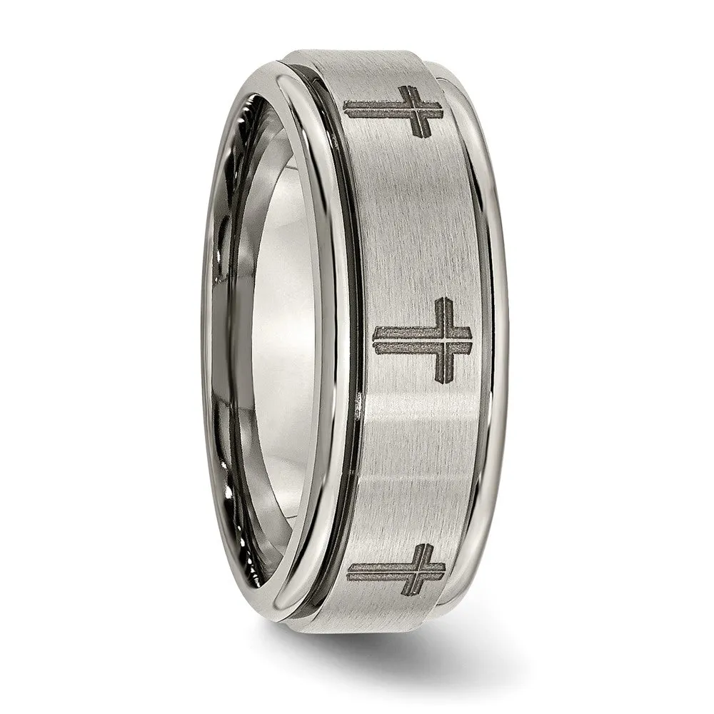 8mm Titanium Laser Etched Cross Grooved Edge Standard Fit Band