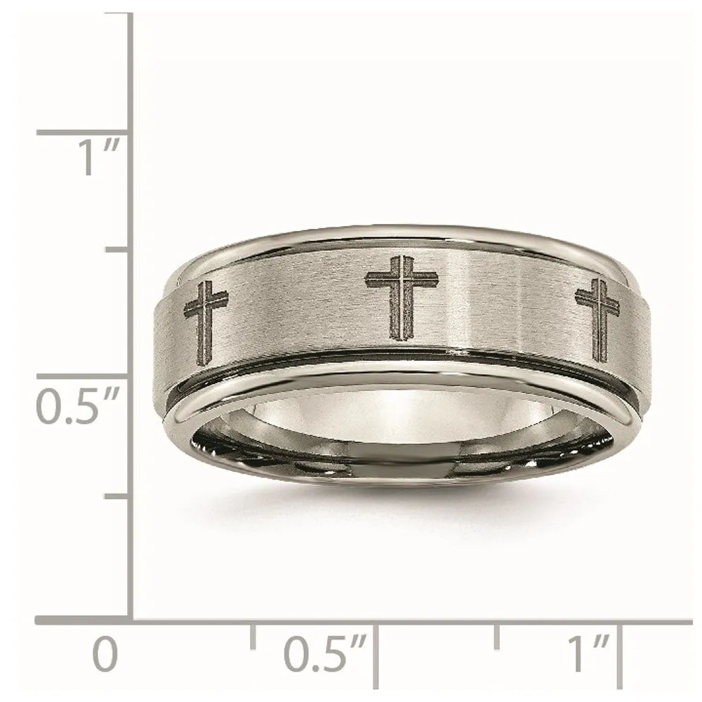 8mm Titanium Laser Etched Cross Grooved Edge Standard Fit Band