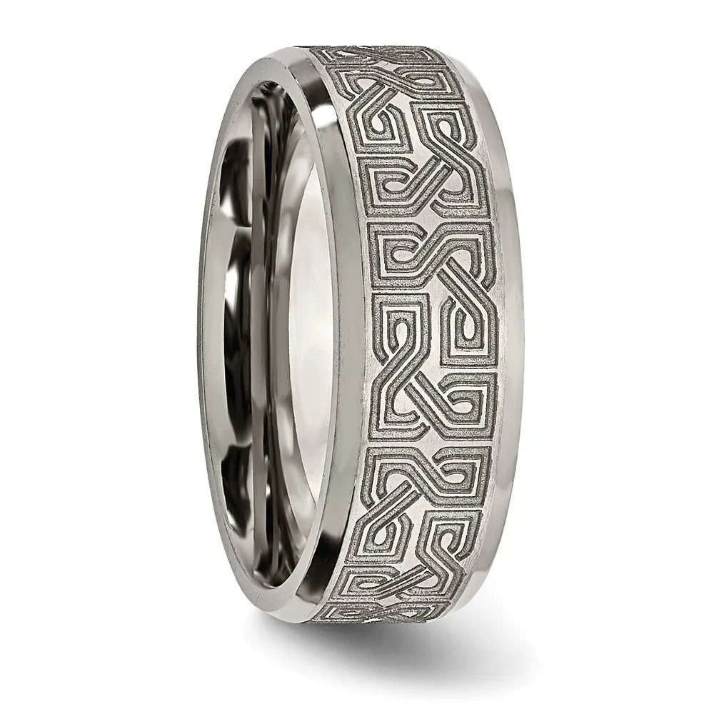 8mm Titanium Lasered Greek Key Beveled Edge Standard Fit Band