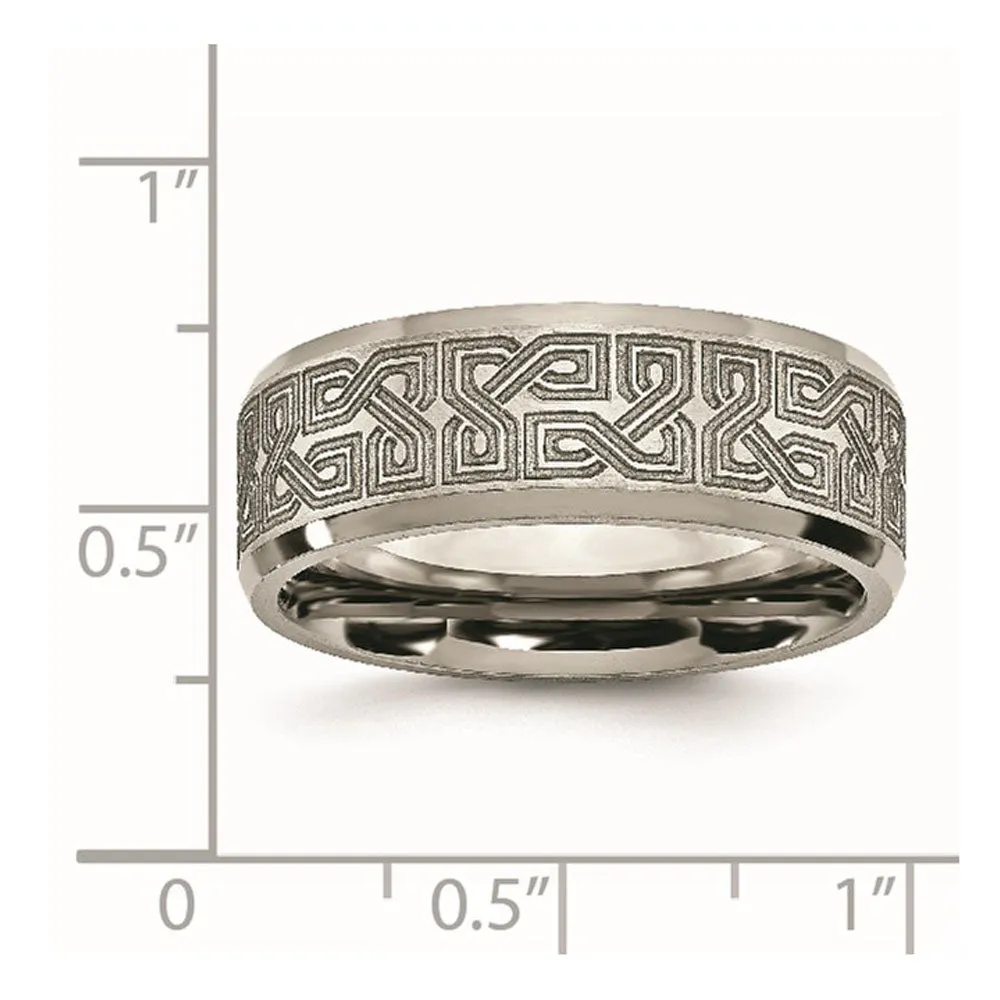 8mm Titanium Lasered Greek Key Beveled Edge Standard Fit Band