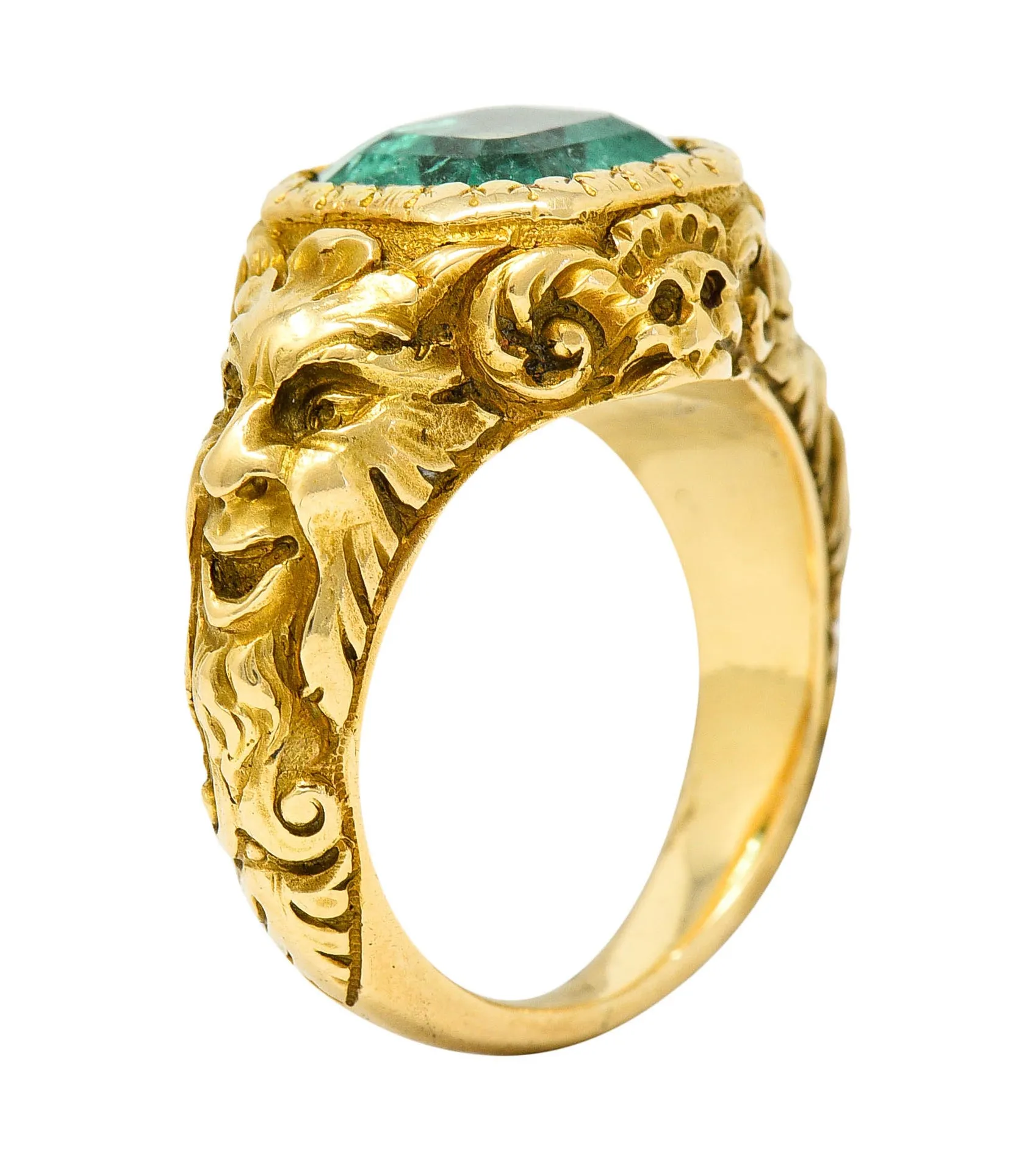 Art Nouveau Emerald 18 Karat Gold Green Man Unisex Men's Signet Ring