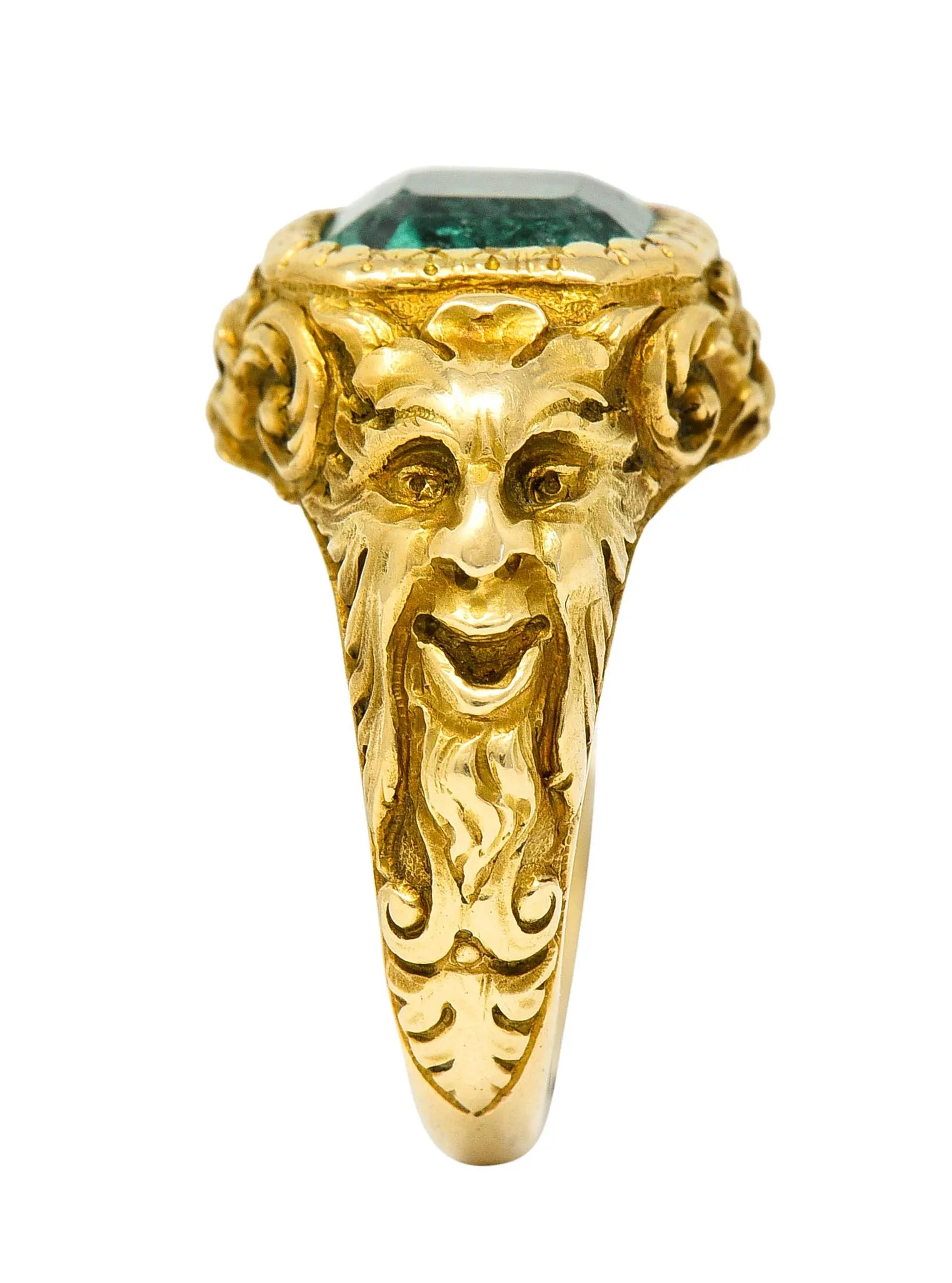 Art Nouveau Emerald 18 Karat Gold Green Man Unisex Men's Signet Ring