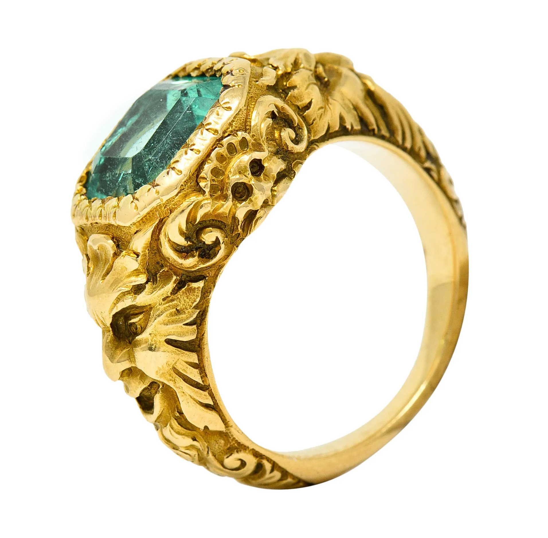 Art Nouveau Emerald 18 Karat Gold Green Man Unisex Men's Signet Ring