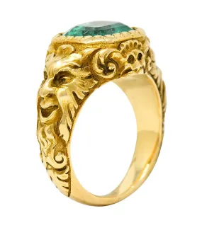 Art Nouveau Emerald 18 Karat Gold Green Man Unisex Men's Signet Ring