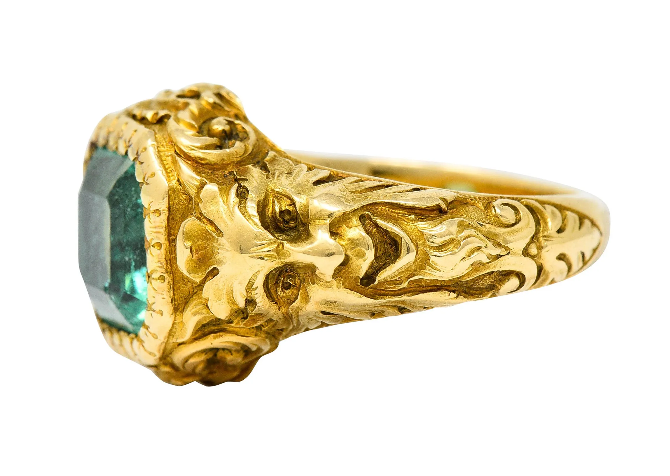 Art Nouveau Emerald 18 Karat Gold Green Man Unisex Men's Signet Ring