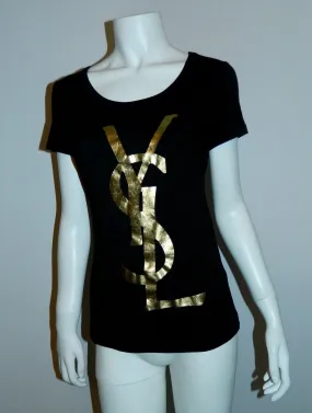 black Yves Saint Laurent tee shirt / YSL gold logo top slim fit S - M