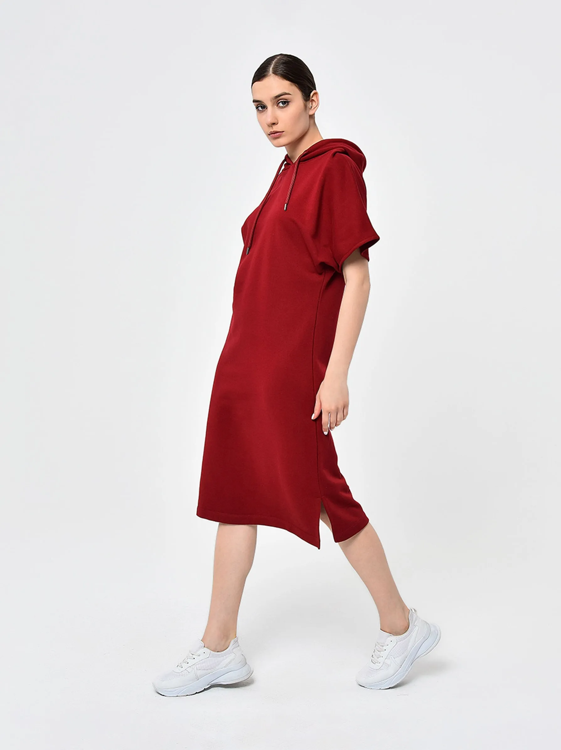 Burgundy Short Sleeve Midi Dress Hoodie