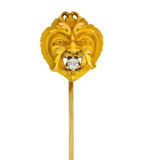 Carter Gough & Co. Art Nouveau 0.33 CTW Diamond 14 Karat Gold Green Man Foliate Stickpin