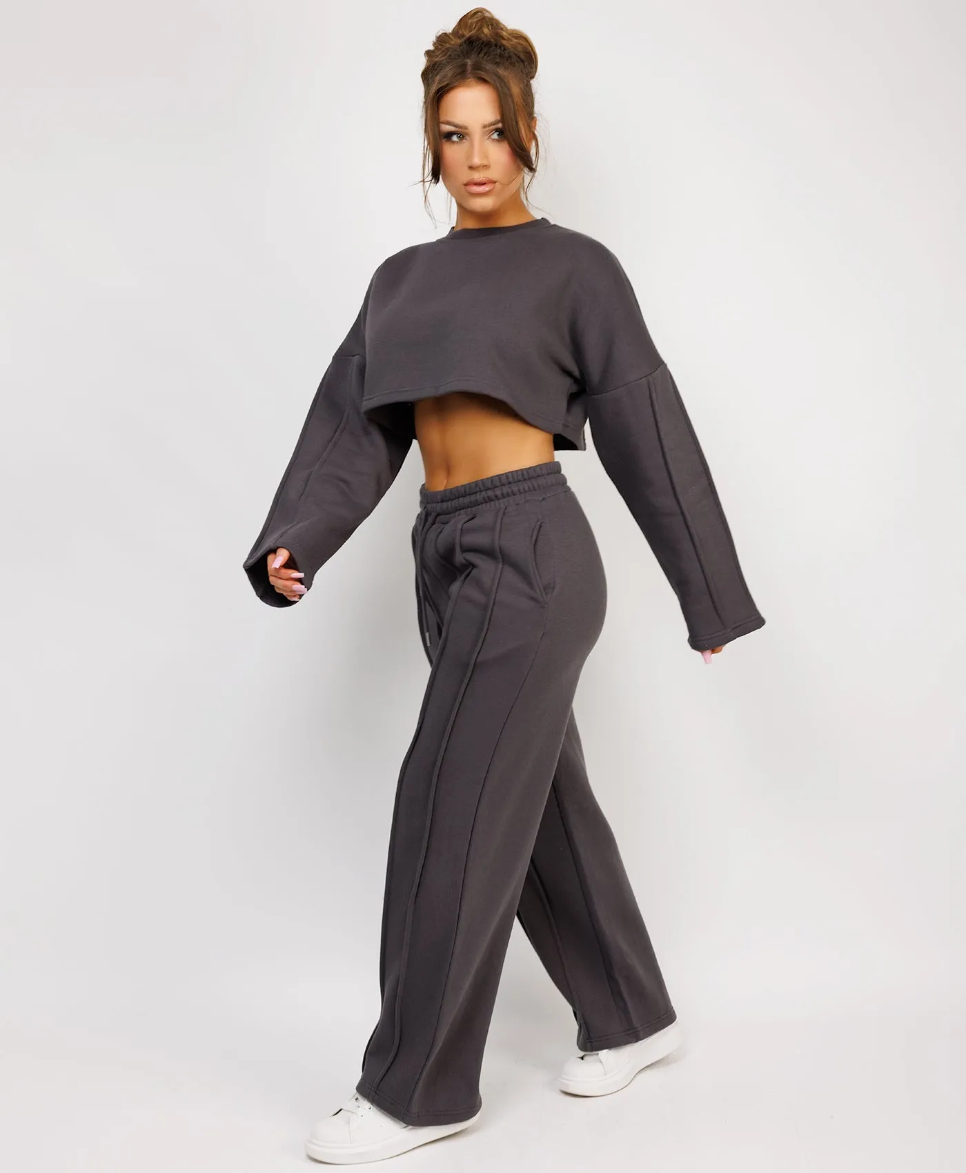 Charcoal Grey Cropped Sweatshirt And Pintuck Detail Joggers Tracksuit