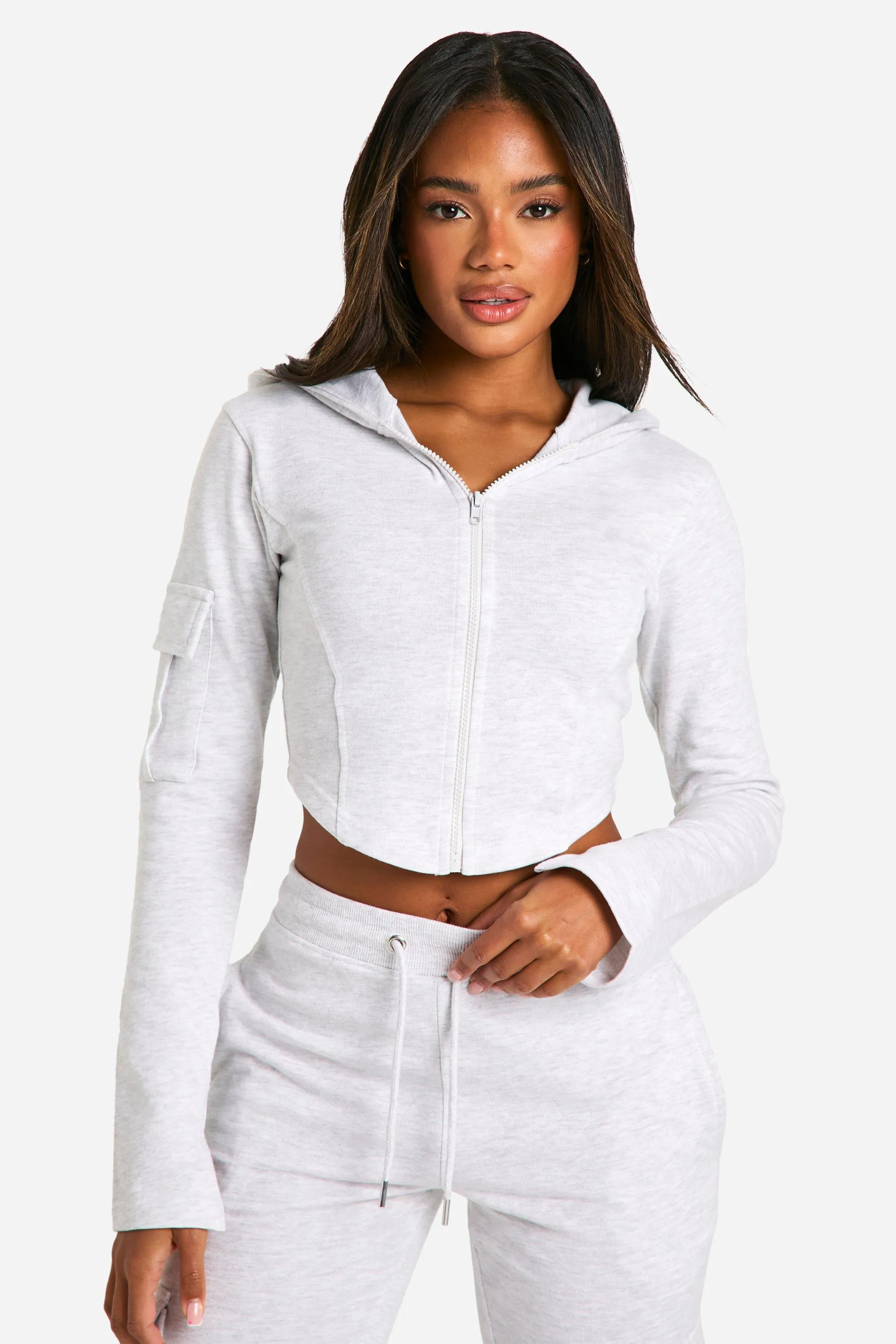 Corset Hem Cargo Pocket Zip Through Hoodie