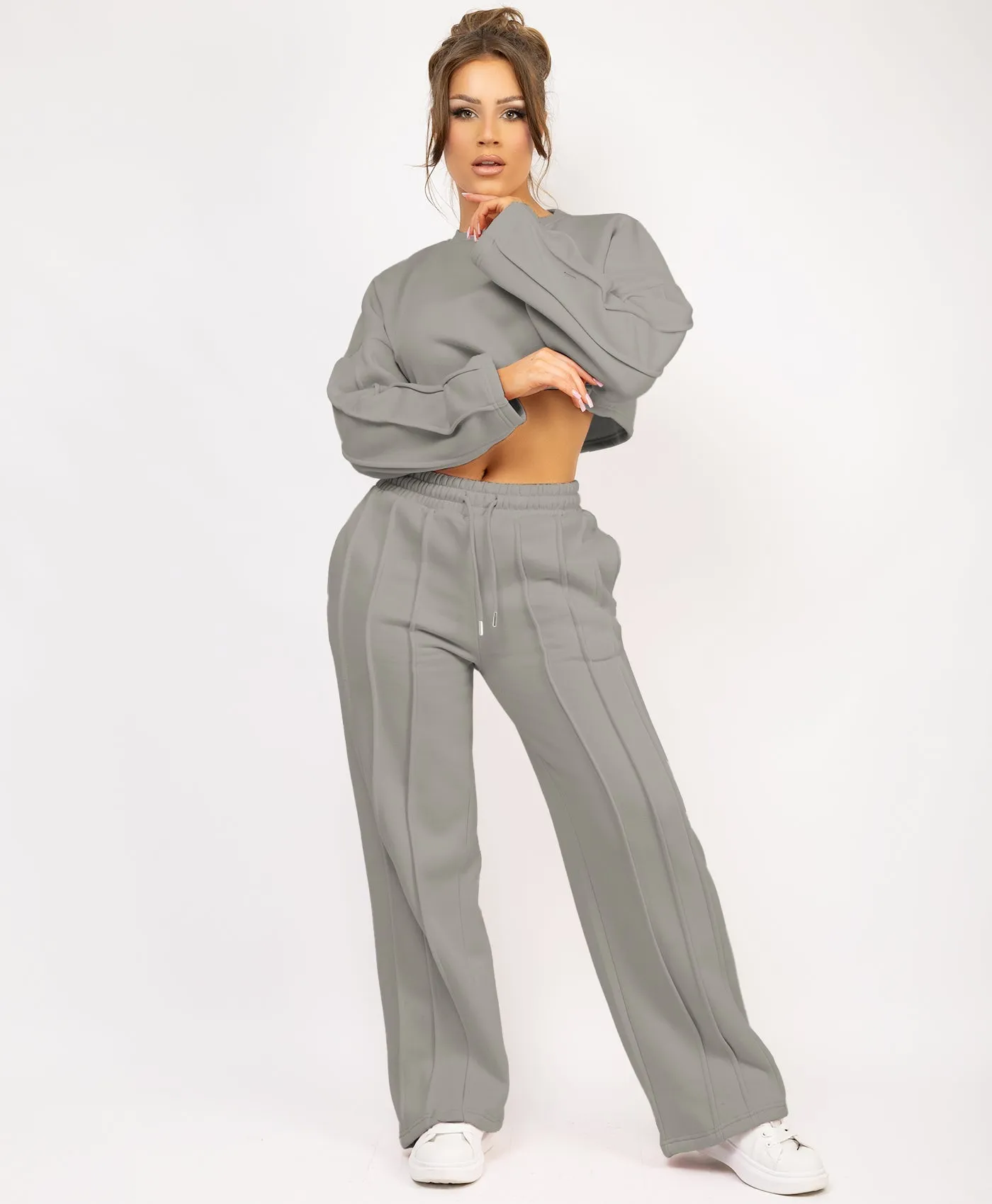 Dove Grey Cropped Sweatshirt And Pintuck Detail Joggers Tracksuit