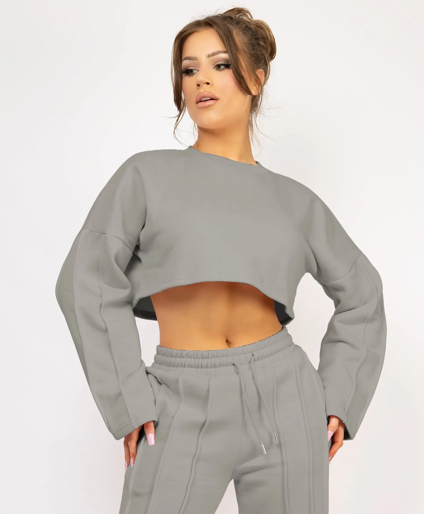 Dove Grey Cropped Sweatshirt And Pintuck Detail Joggers Tracksuit