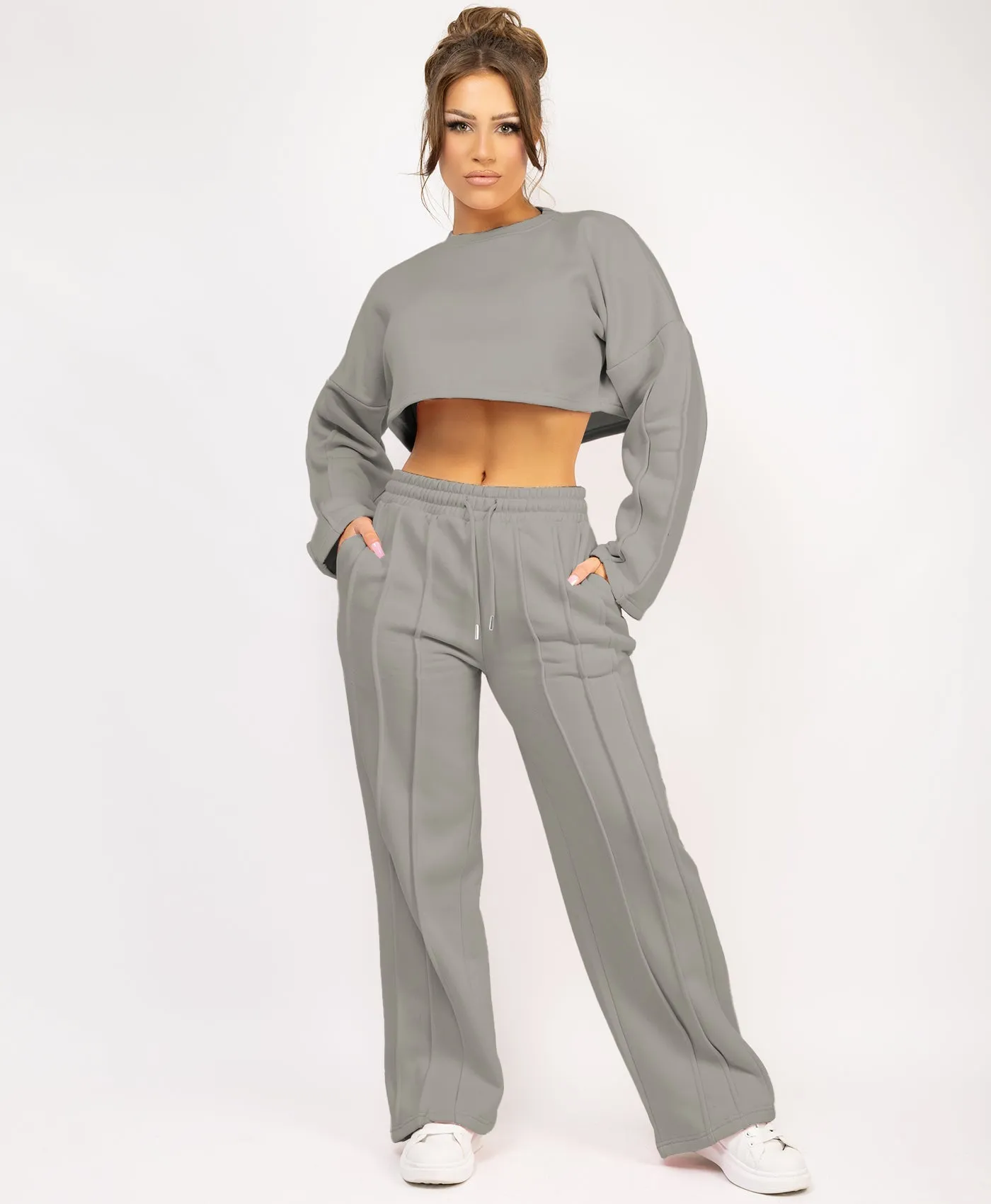 Dove Grey Cropped Sweatshirt And Pintuck Detail Joggers Tracksuit