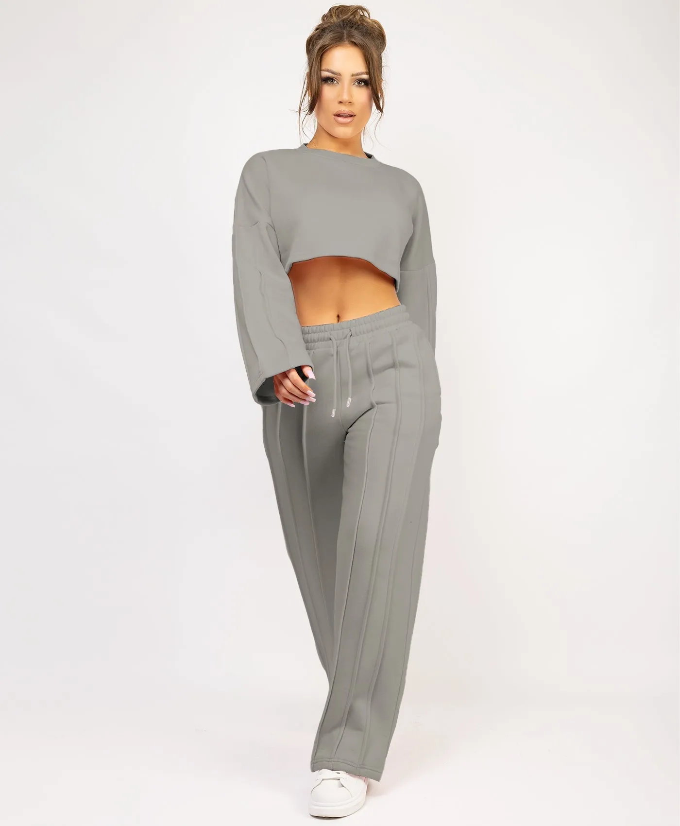 Dove Grey Cropped Sweatshirt And Pintuck Detail Joggers Tracksuit