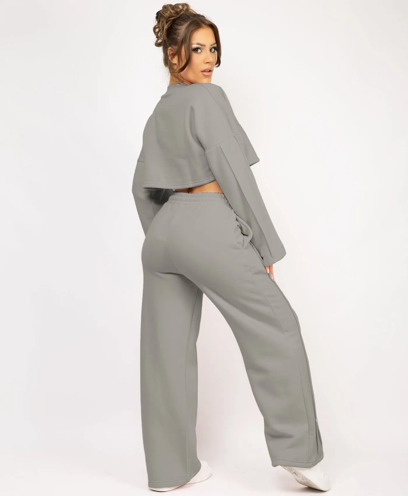 Dove Grey Cropped Sweatshirt And Pintuck Detail Joggers Tracksuit