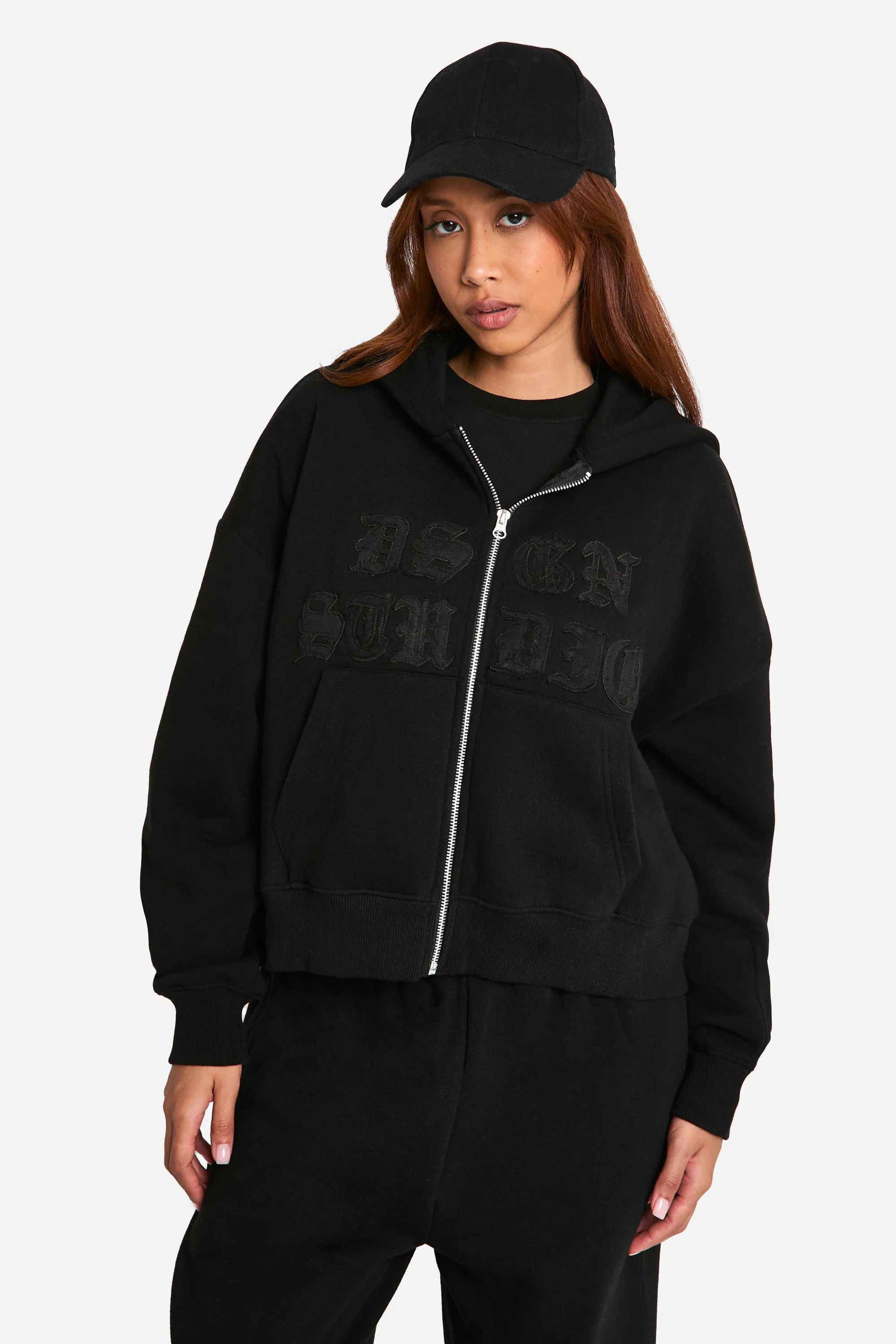 Dsgn Studio Self Fabric Applique Distressed Zip Through Hoodie