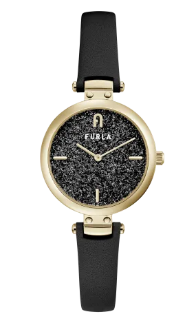 Furla - Glitter Pin Gold Black Leather Watch