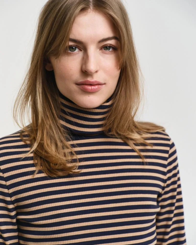 Gant Apparel S Women's Slim Striped Rib Turtleneck Seasonal Newness Brown Reg