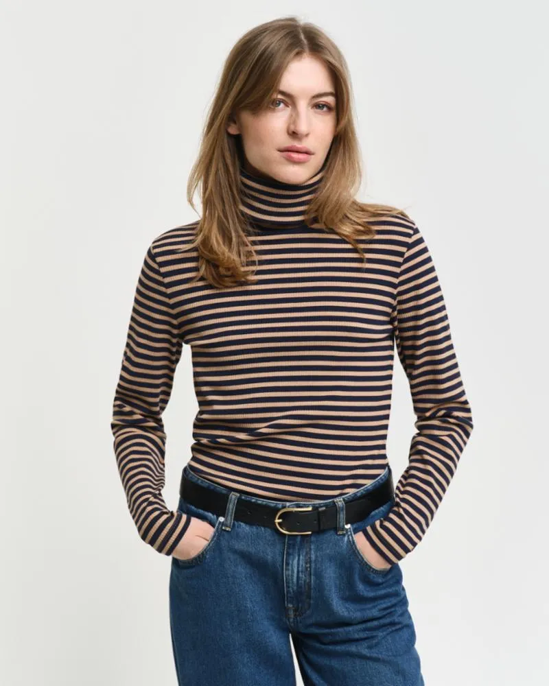 Gant Apparel S Women's Slim Striped Rib Turtleneck Seasonal Newness Brown Reg