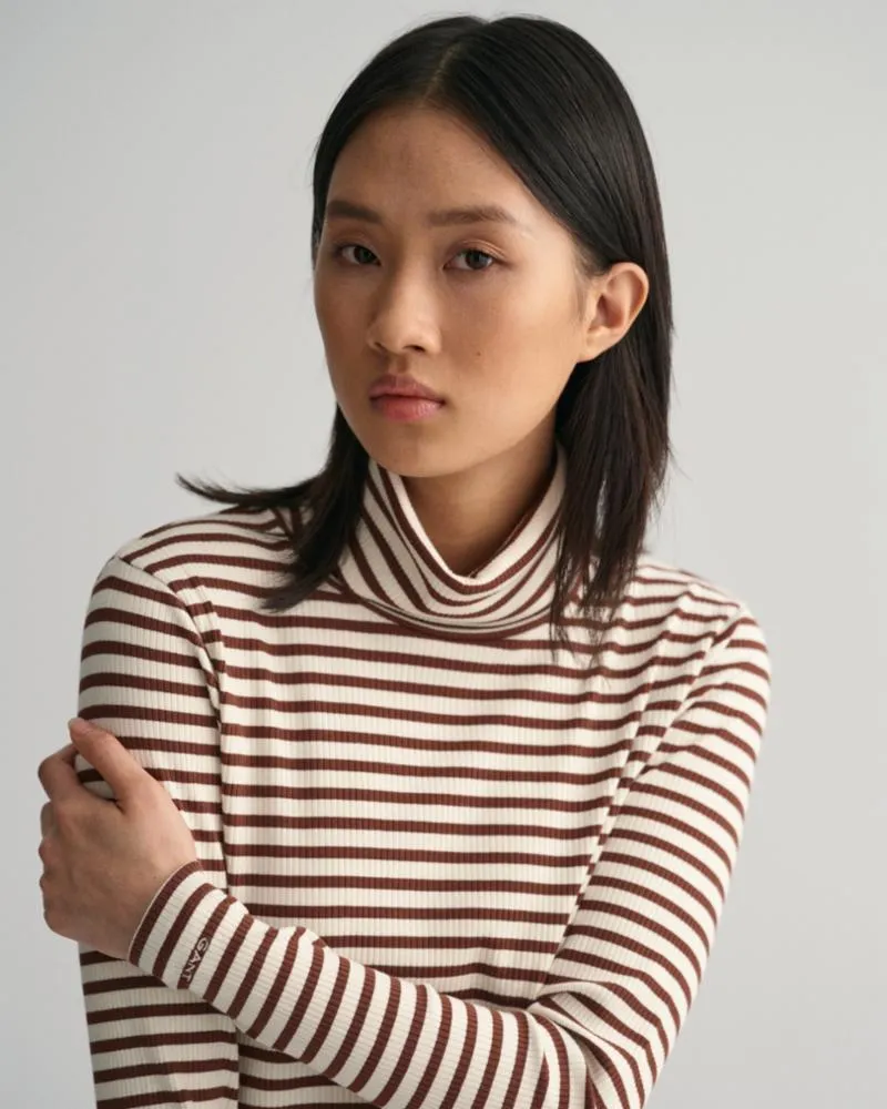 Gant Apparel S Women's Slim Striped Rib Turtleneck Seasonal Newness Brown Reg