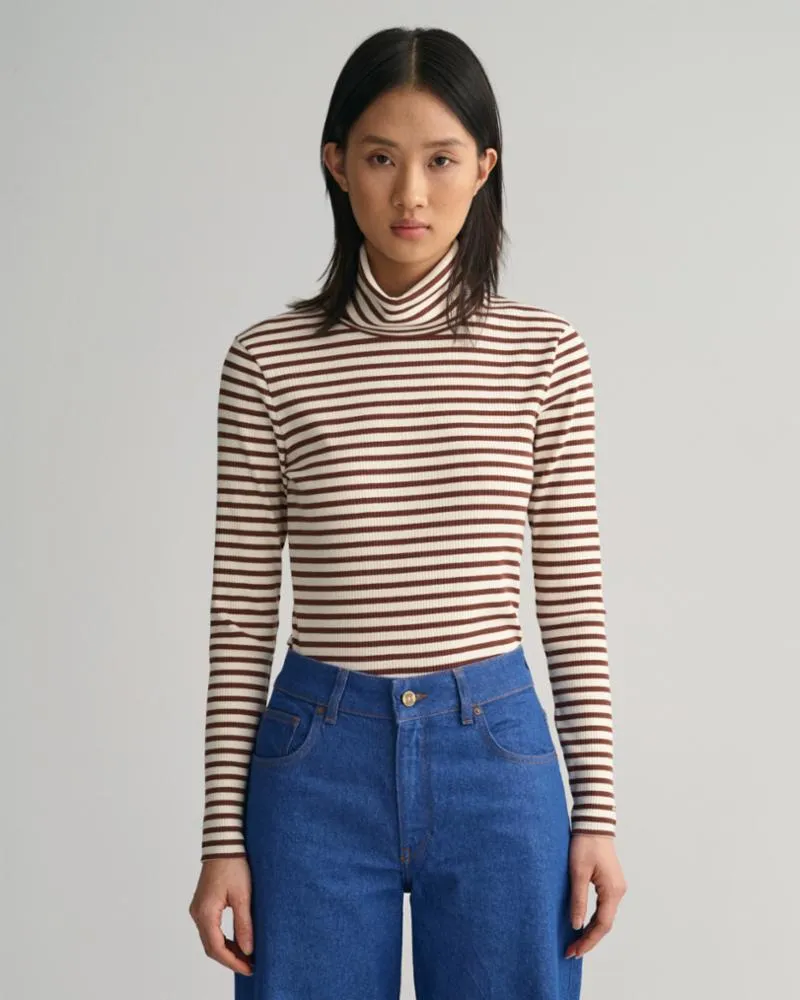 Gant Apparel S Women's Slim Striped Rib Turtleneck Seasonal Newness Brown Reg