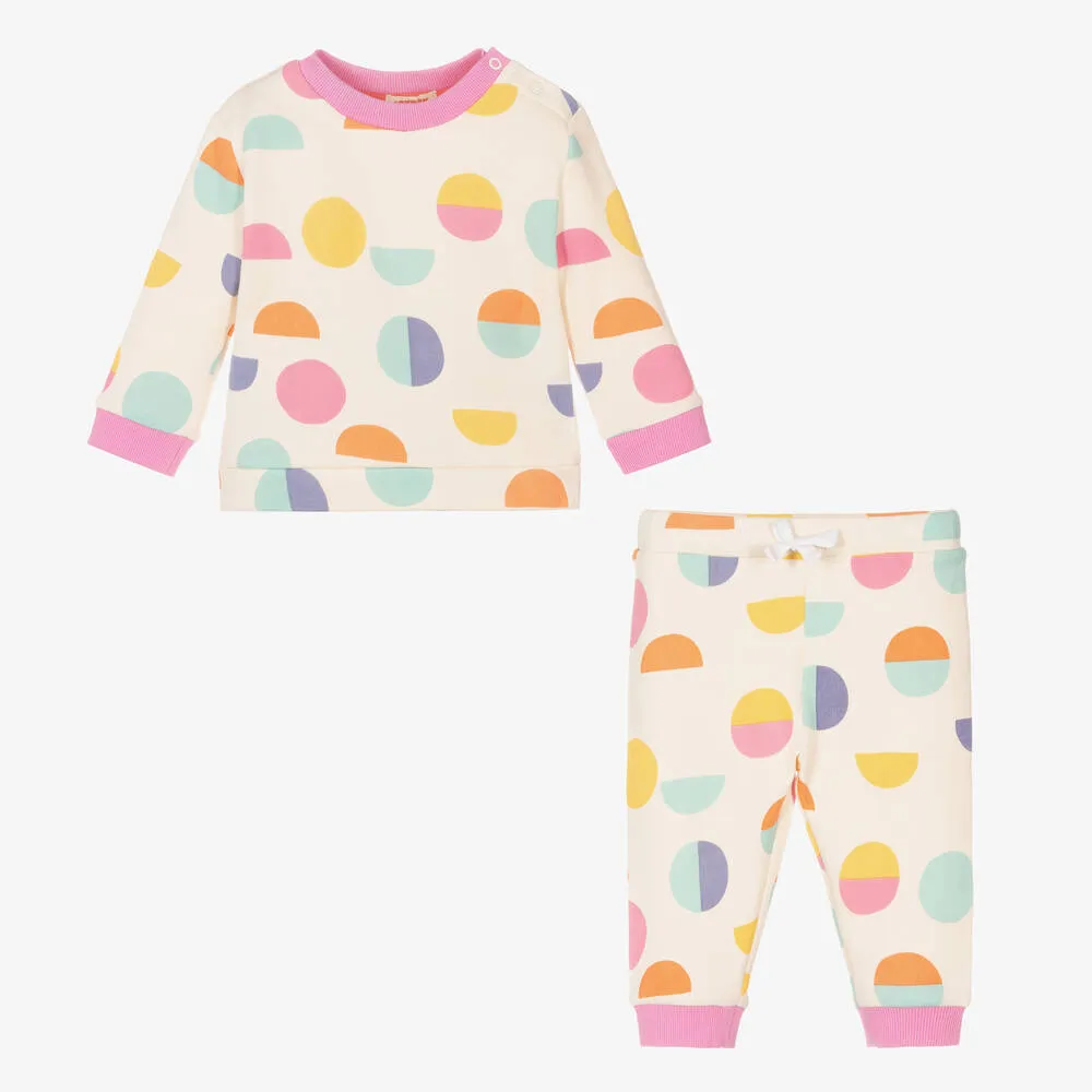 Girls Ivory & Pink Cotton Circles Tracksuit