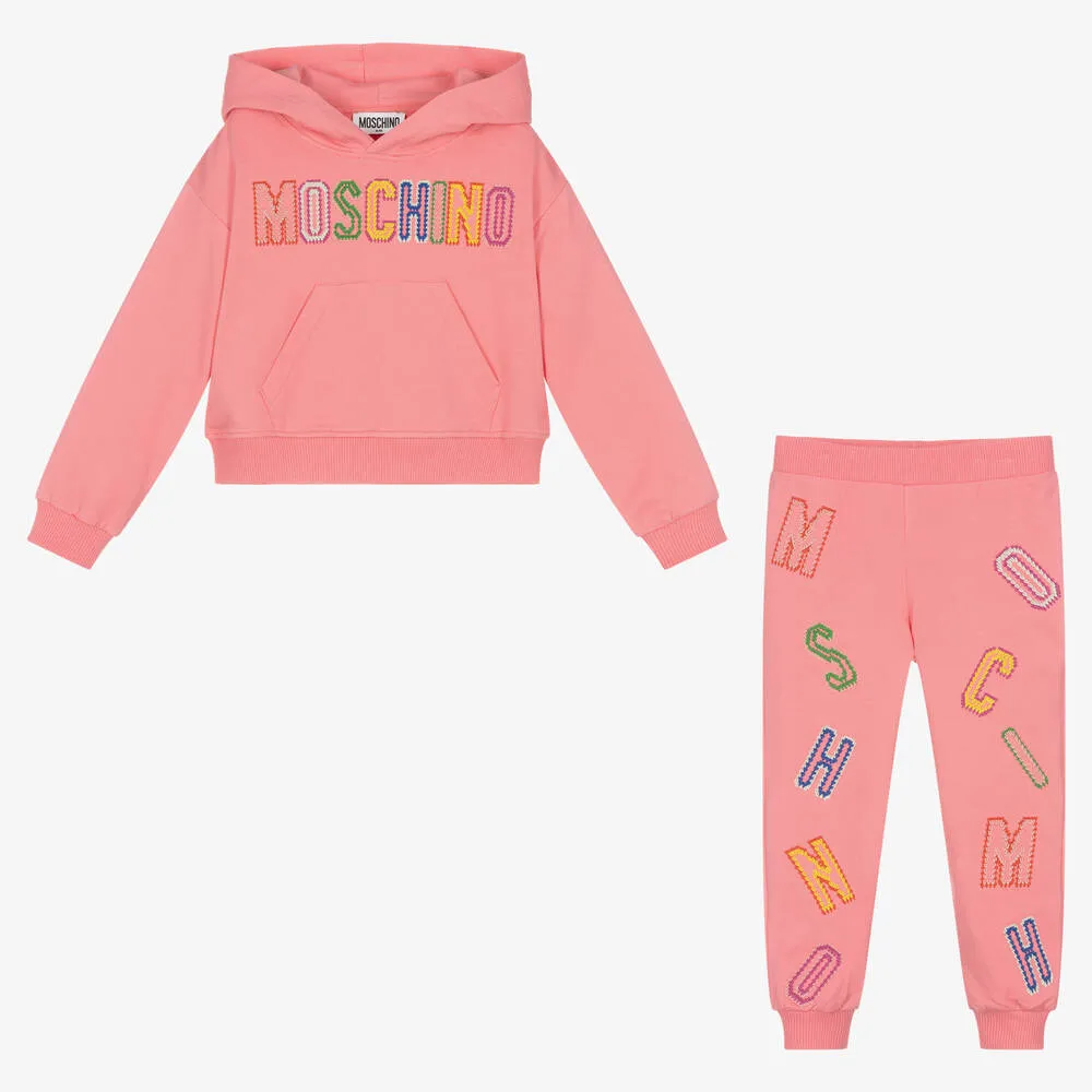 Girls Pink Cotton Embroidered Logo Tracksuit