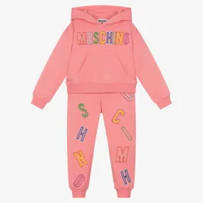 Girls Pink Cotton Embroidered Logo Tracksuit