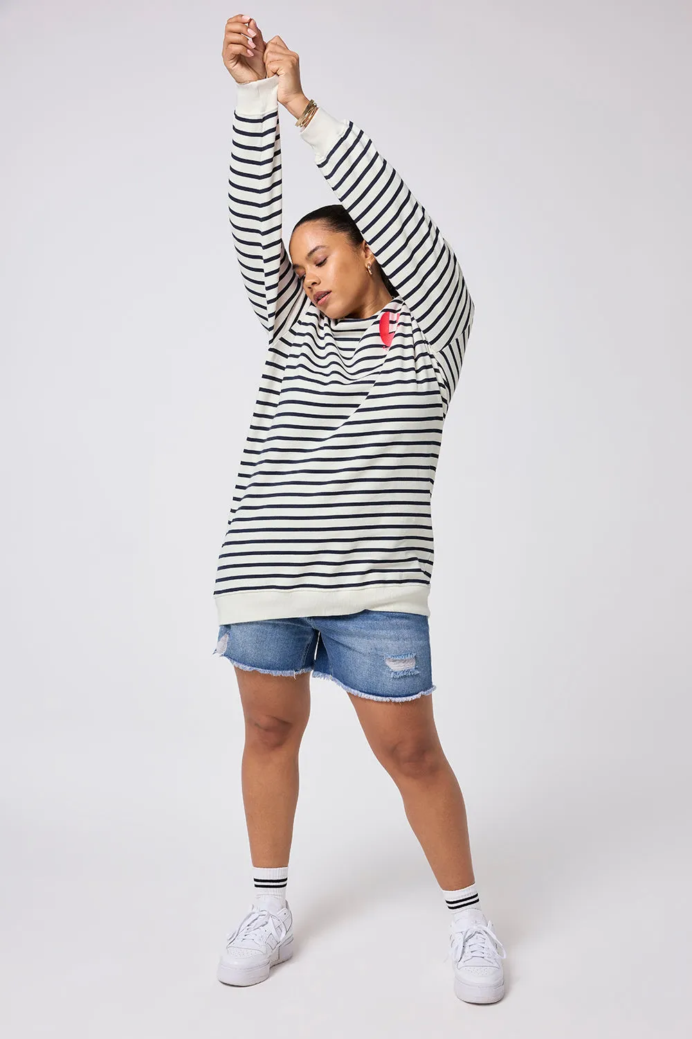 Ivory with Navy Stripe Placement Bolt Graphic Oversized Tunic