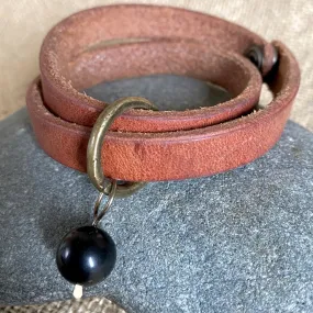 Leather Double-Wrap Bracelet with Shungite Bead on 200-Year-Old Bronze Ring