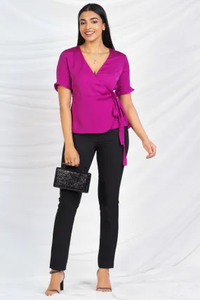 Magenta Satin Wrap Top - Regular Fit