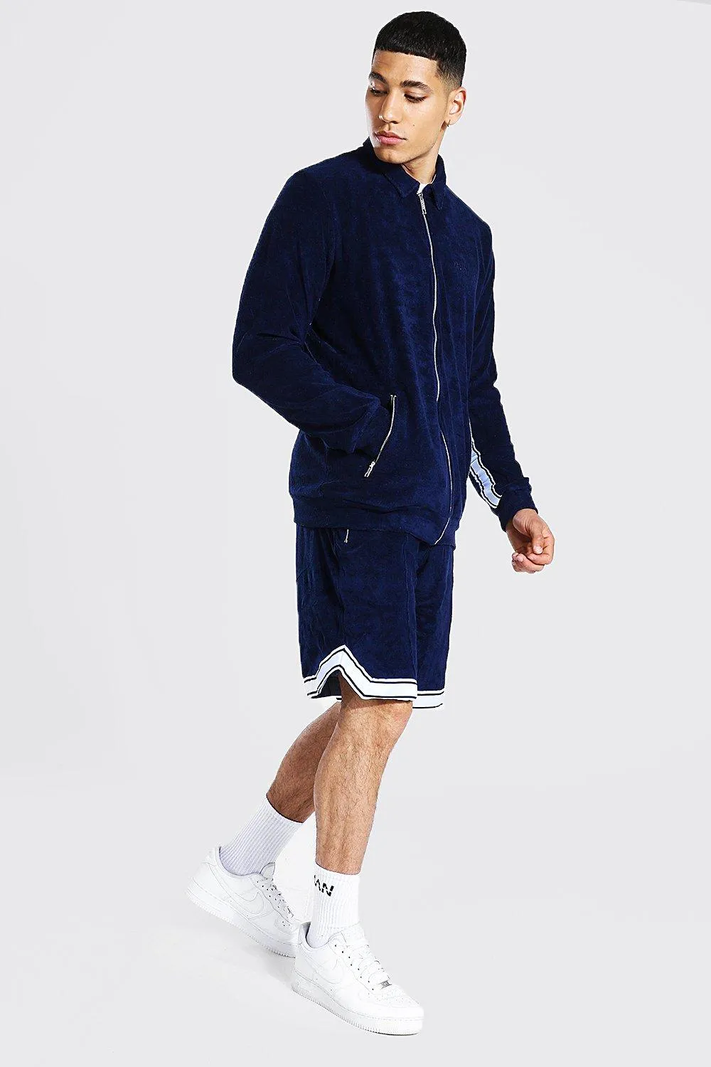 Man Towelling Zip Through Shorts Tracksuit | boohooMAN UK