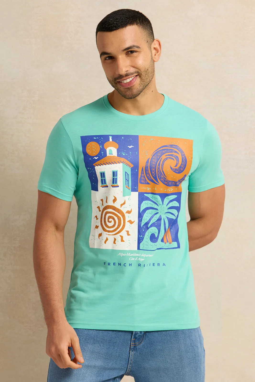 Men Teal Graphic T-Shirt