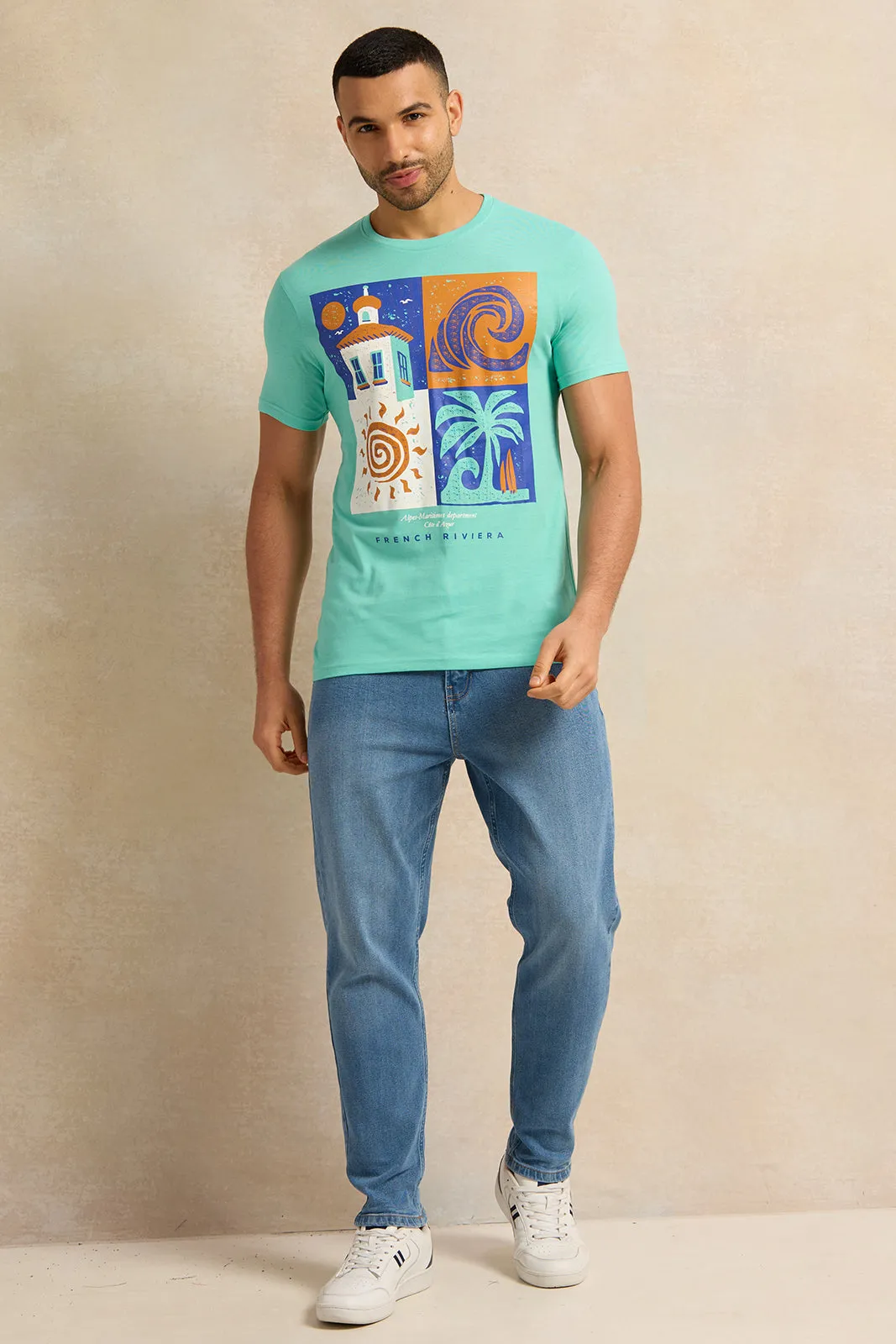 Men Teal Graphic T-Shirt