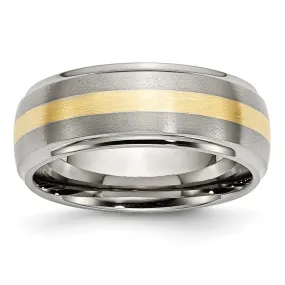 Mens 8mm Titanium & 14k Gold Inlay Domed Ridged Edge Standard Fit Band