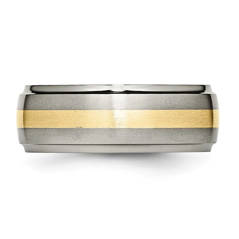 Mens 8mm Titanium & 14k Gold Inlay Domed Ridged Edge Standard Fit Band