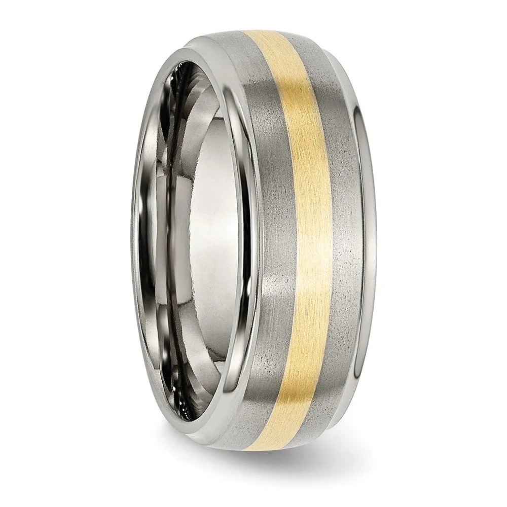 Mens 8mm Titanium & 14k Gold Inlay Domed Ridged Edge Standard Fit Band