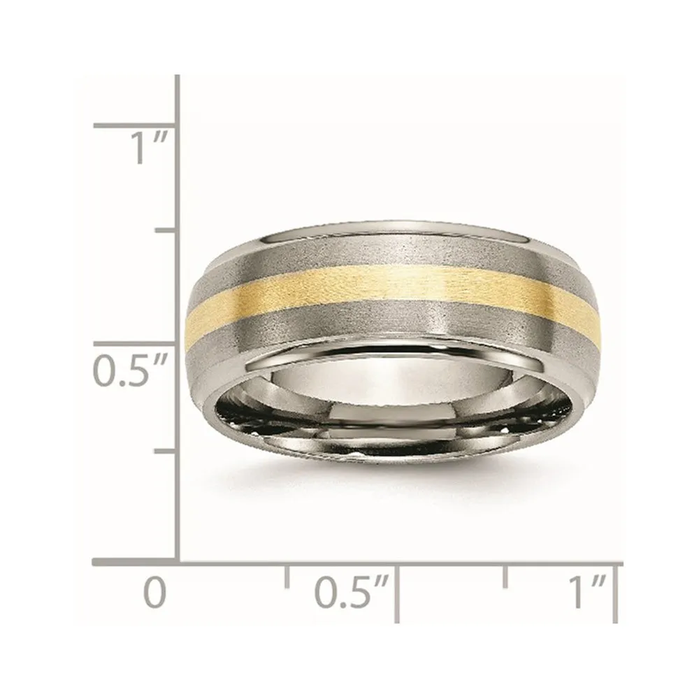 Mens 8mm Titanium & 14k Gold Inlay Domed Ridged Edge Standard Fit Band