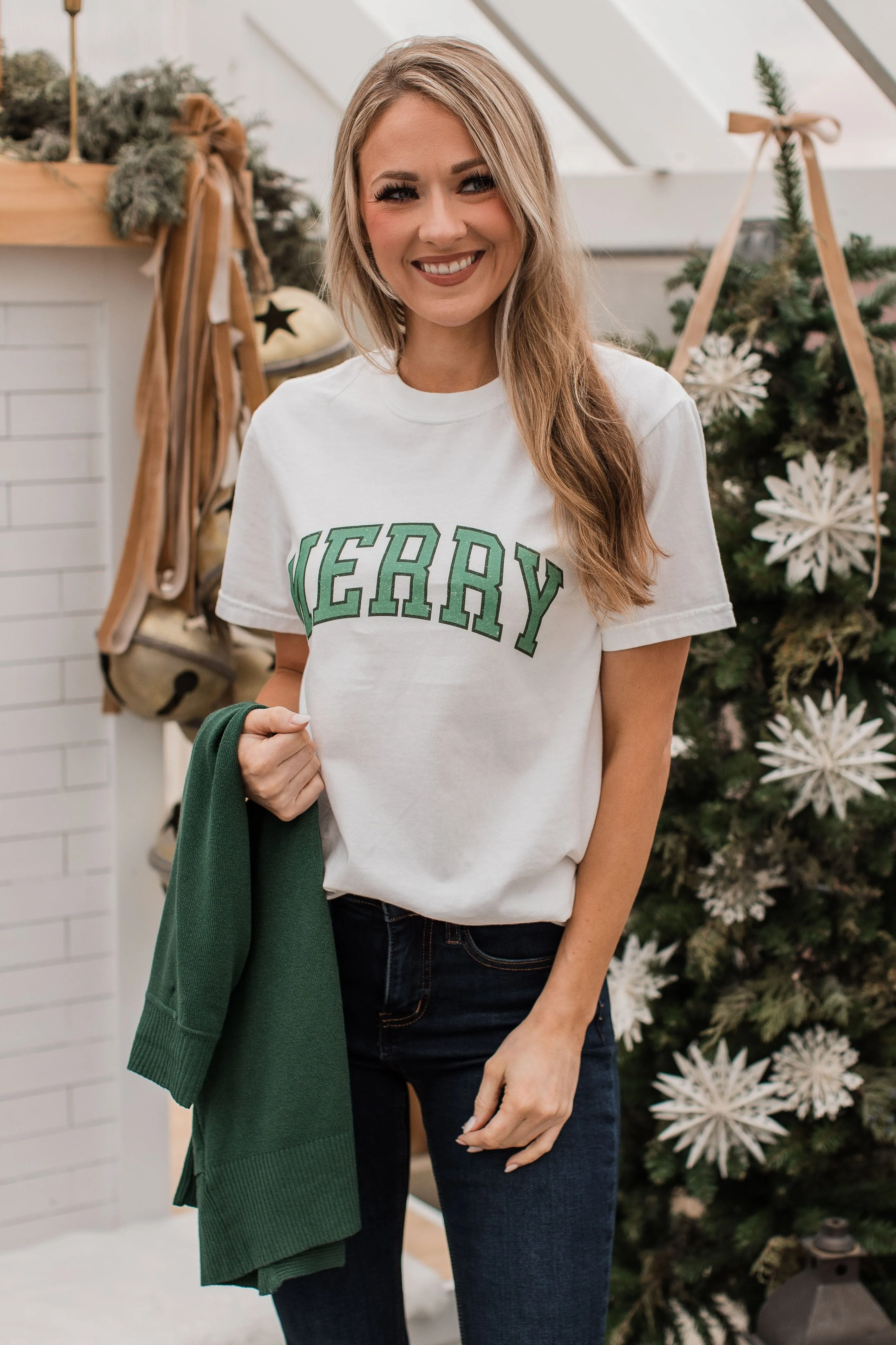 Merry Varsity Graphic Top- Ivory