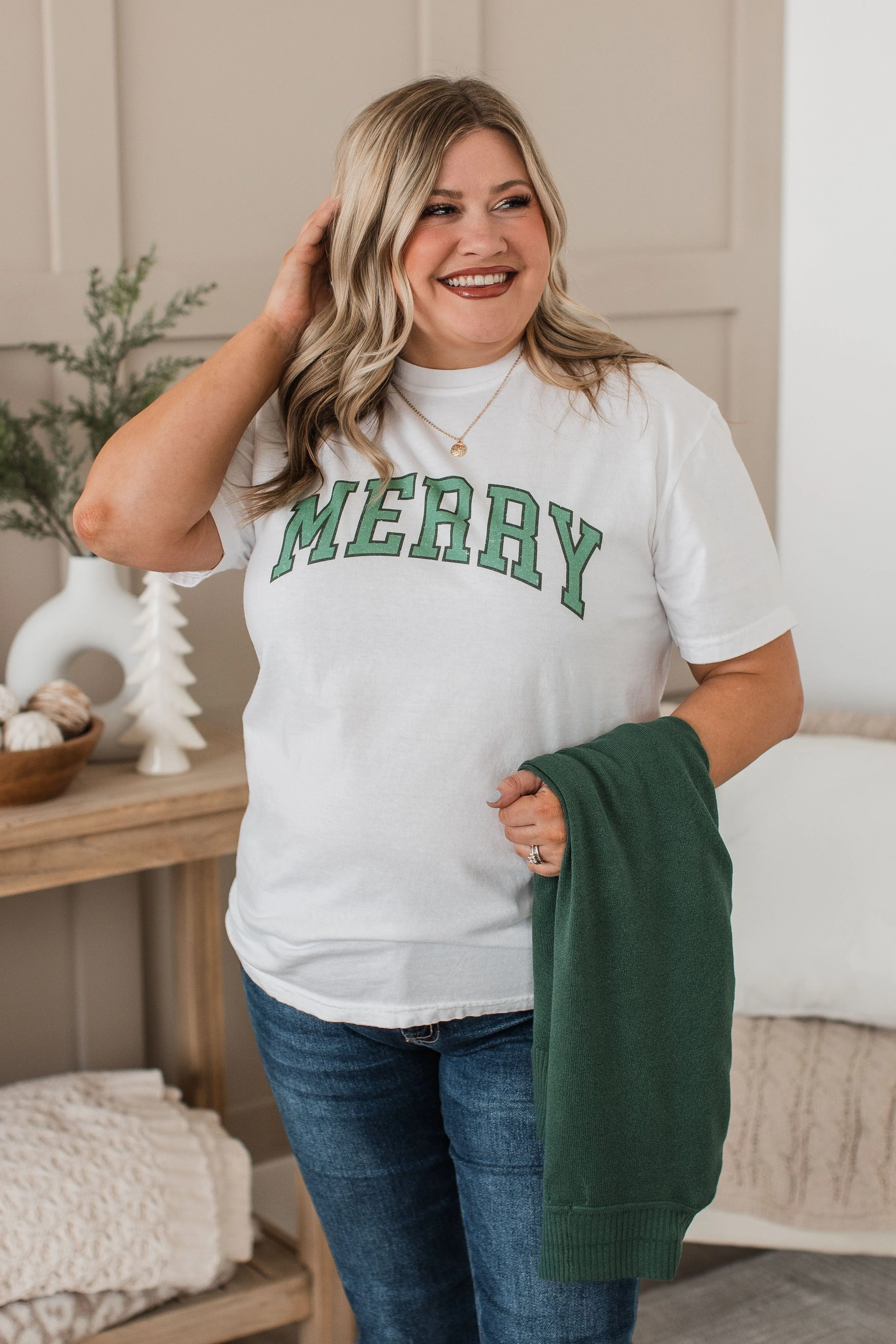 Merry Varsity Graphic Top- Ivory