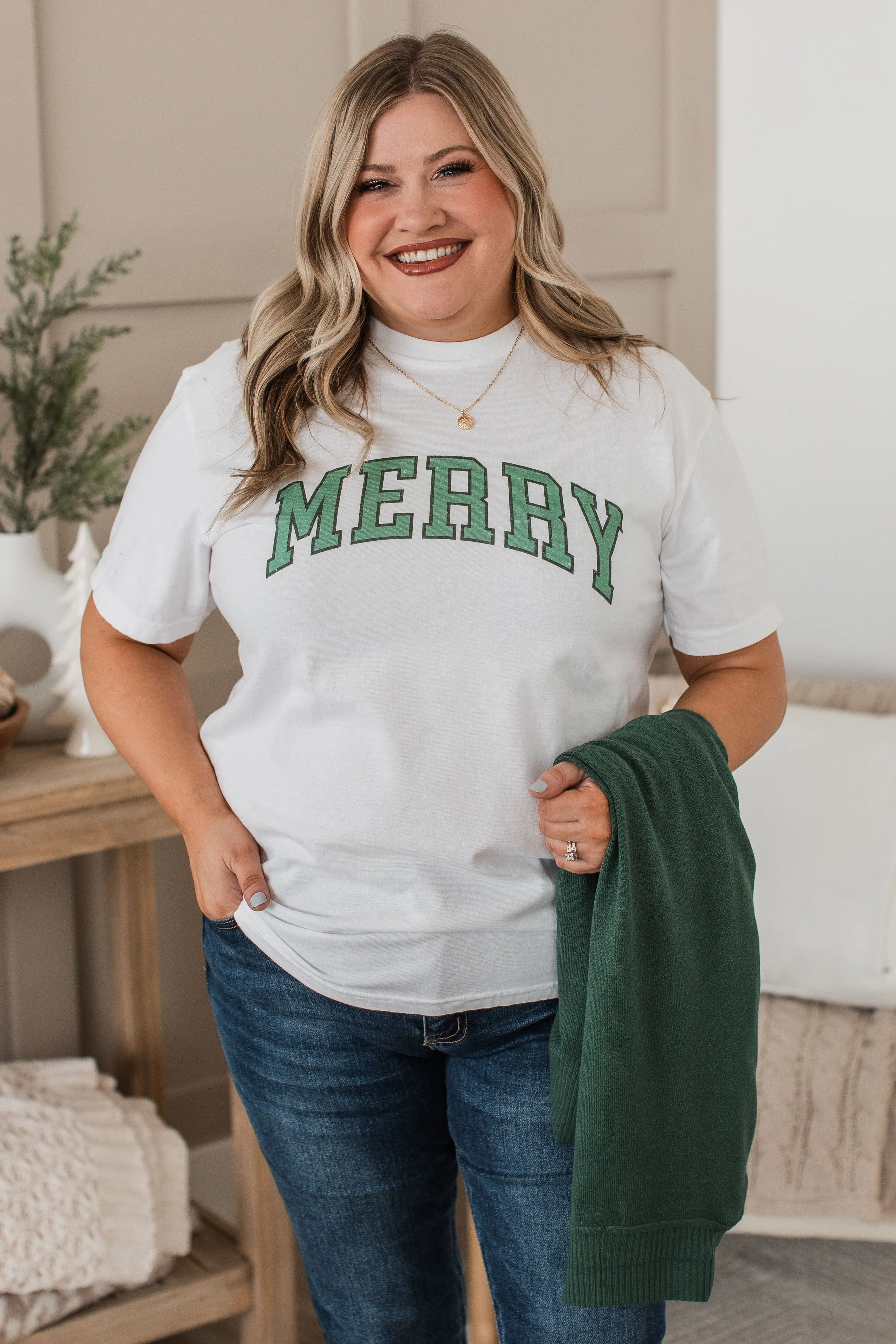 Merry Varsity Graphic Top- Ivory