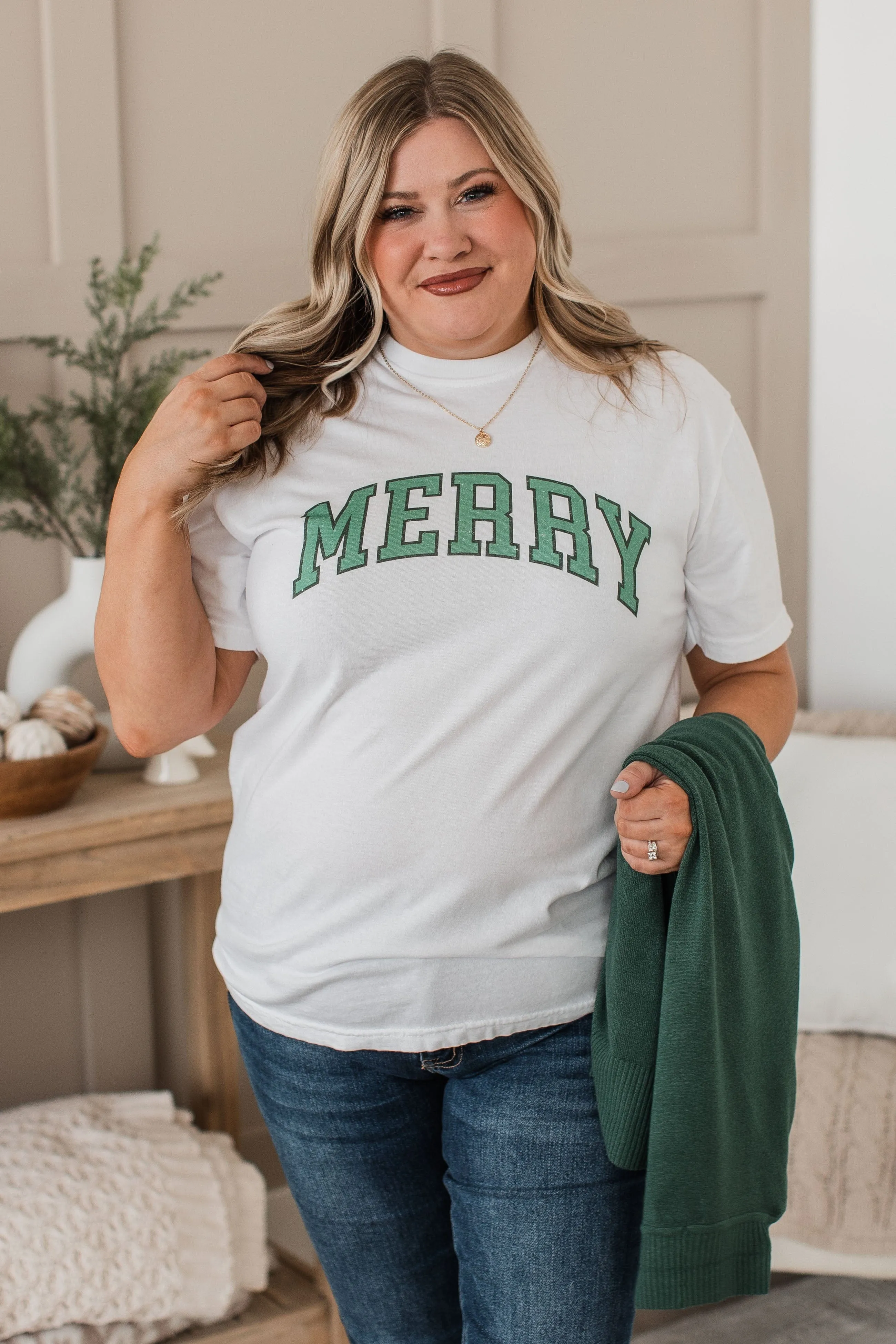 Merry Varsity Graphic Top- Ivory