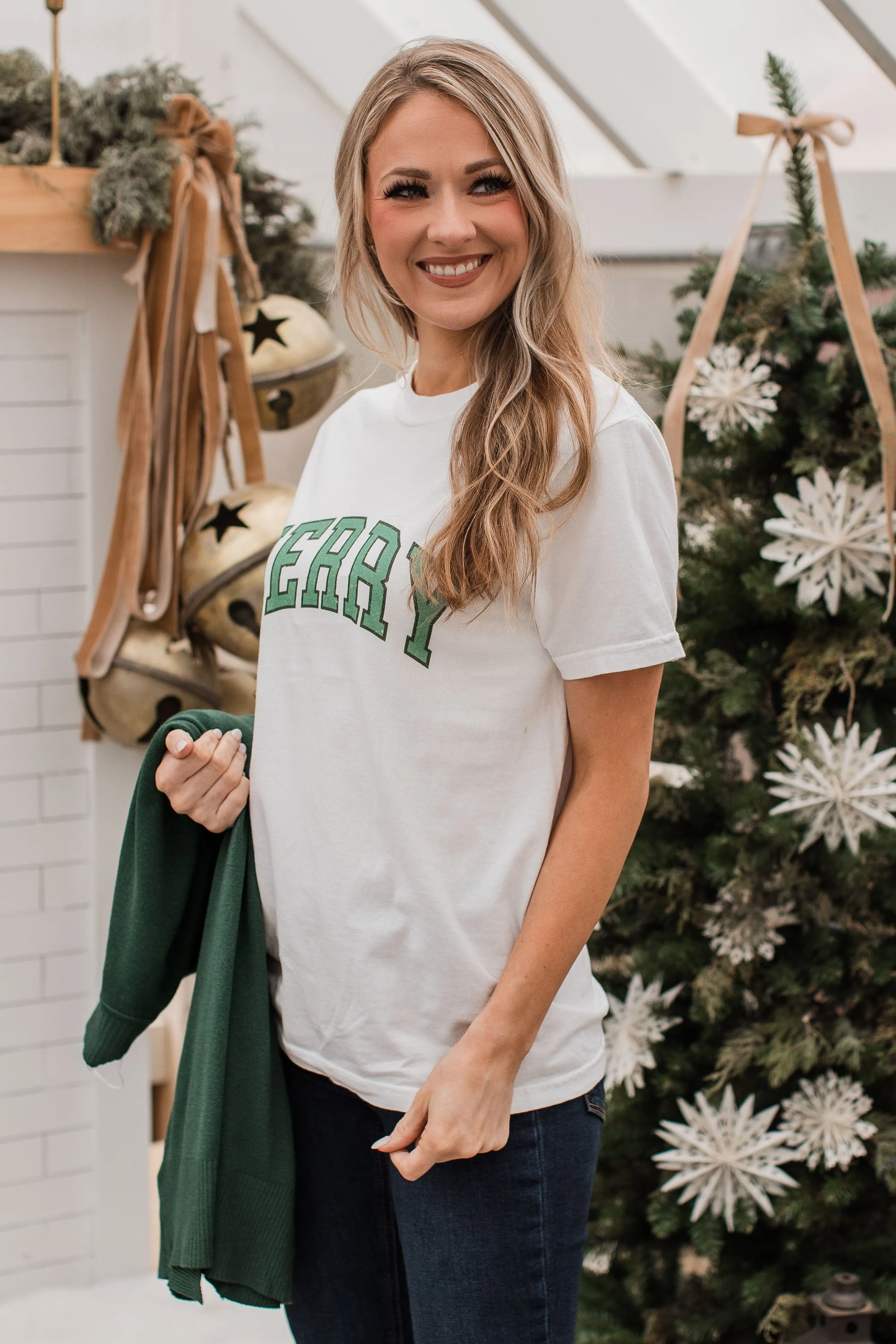 Merry Varsity Graphic Top- Ivory