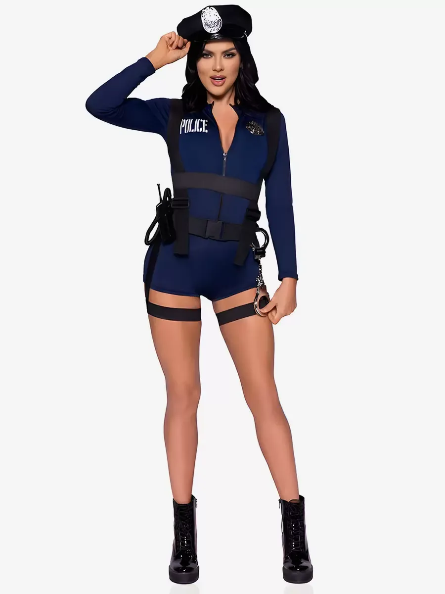 Naughty Cop Costume Zip Up Suspender Belted Masquerade Costumes