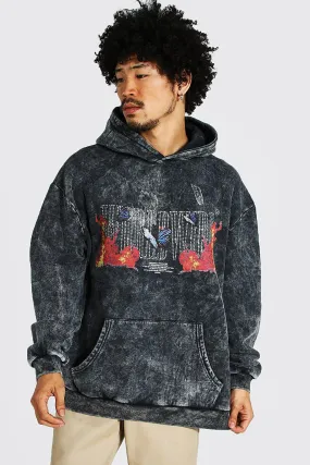 Oversized Flames Acid Wash Rhinestone Hoodie | boohooMAN UK