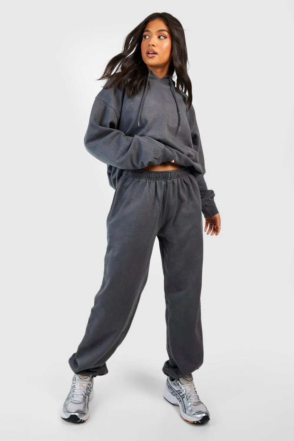 Petite Acid Wash Hoody And Jogger Tracksuit